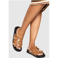 Womens Western Studded Buckle Sandals - Brown - 10 | boohoo (US & Canada)