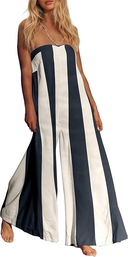 Linen Summer Wide Leg Jumpsuits Women Strapless Striped Long Rompers 2025 Palazzo Pant One Piece ... | Amazon (US)