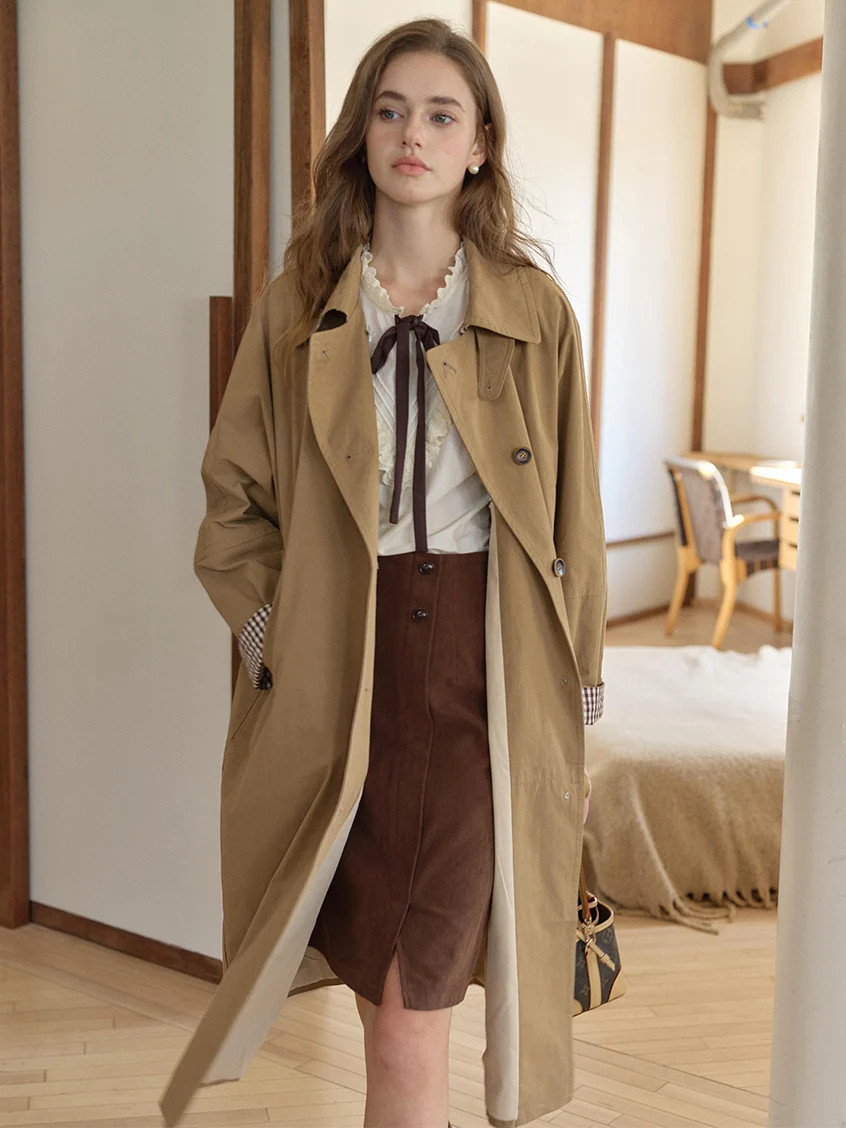 Genevieve 100%Cotton Tie-Waist Loose Mid-length Coat | Simple Retro