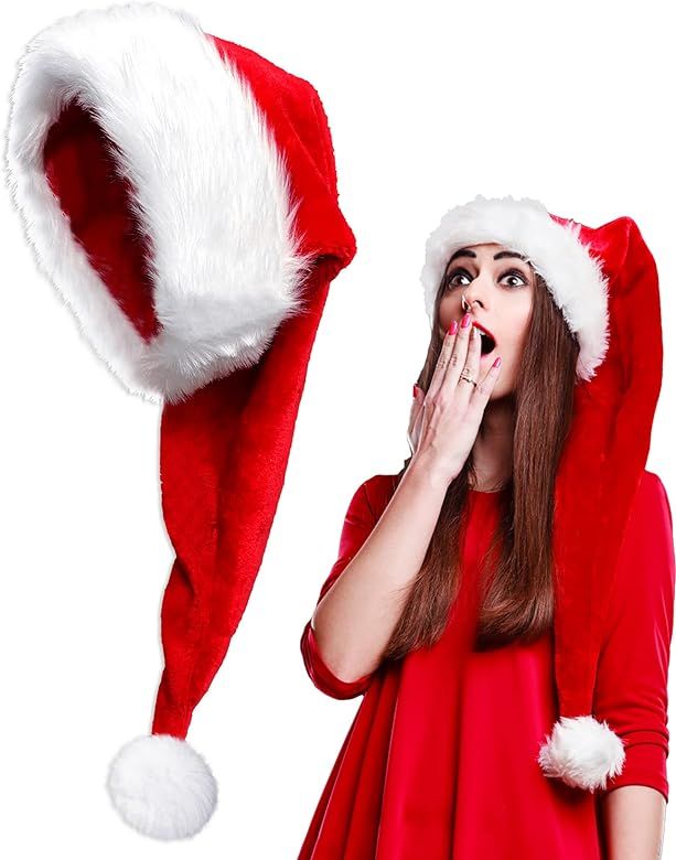 Long Christmas Santa Hat, Adults Deluxe Plush Long Xmas Christmas Hat for Christmas New Year Fest... | Amazon (US)