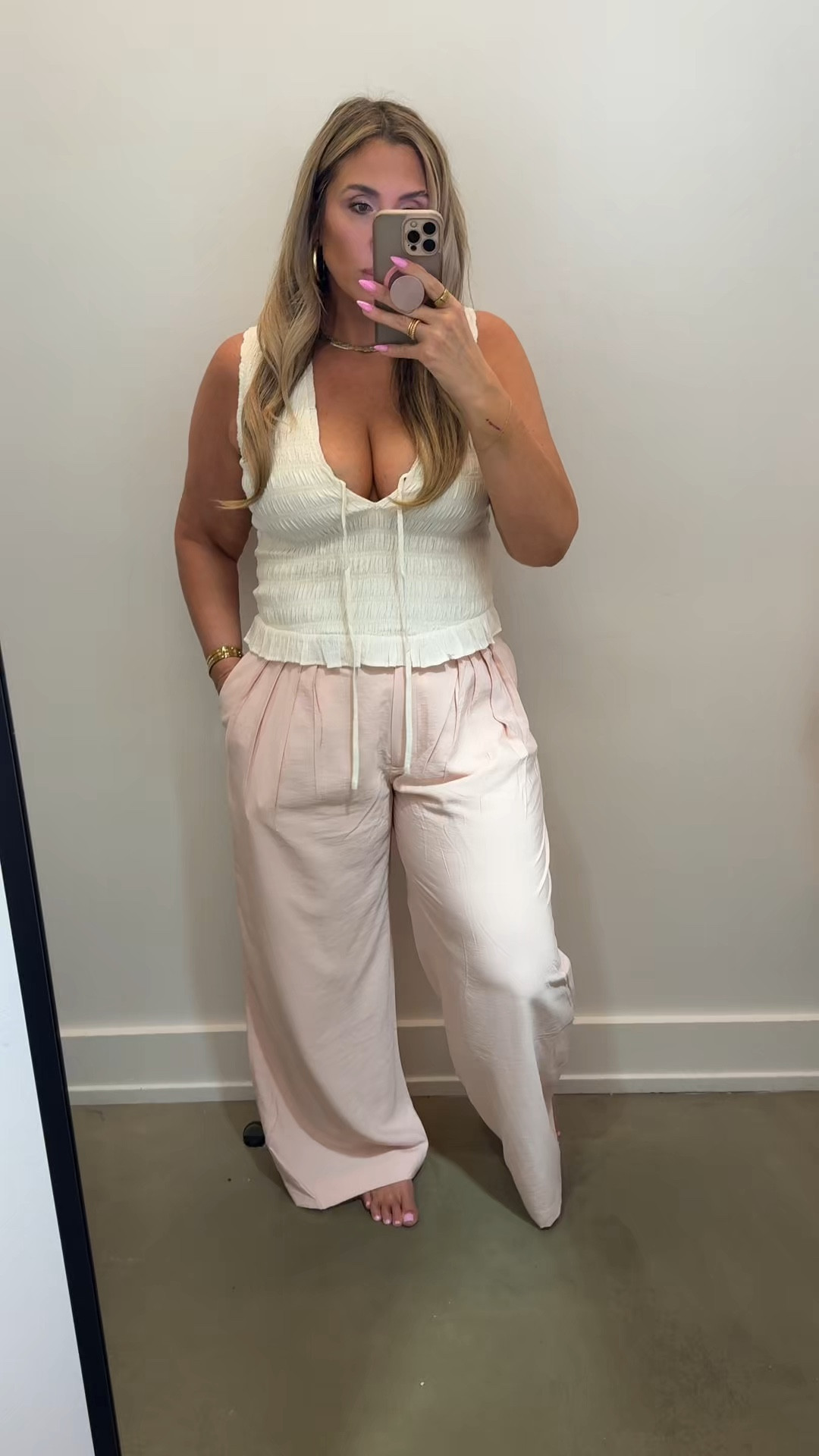 Midsize summer spring outfit 

top L (stretchy, size down if inbetween). There is an exact match crinkle pants to the top (linked) 

crepe trouser pant (baby pink color) size 31 (12) I love the fabric but didn’t love the way it fit around my hips...maybe for someone less curvy. 

#springoutfit #summeroutfit

#LTKMidsize #LTKSpringSale #LTKOver40

#LTKTall #LTKootd