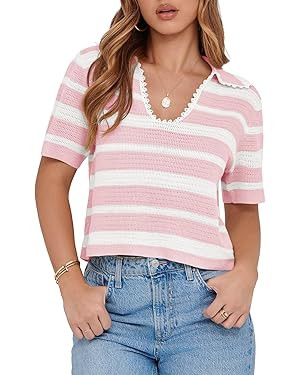Saodimallsu Womens Cropped Striped Sweater Top Summer Short Sleeve V Neck Collared Going Out Tren... | Amazon (US)