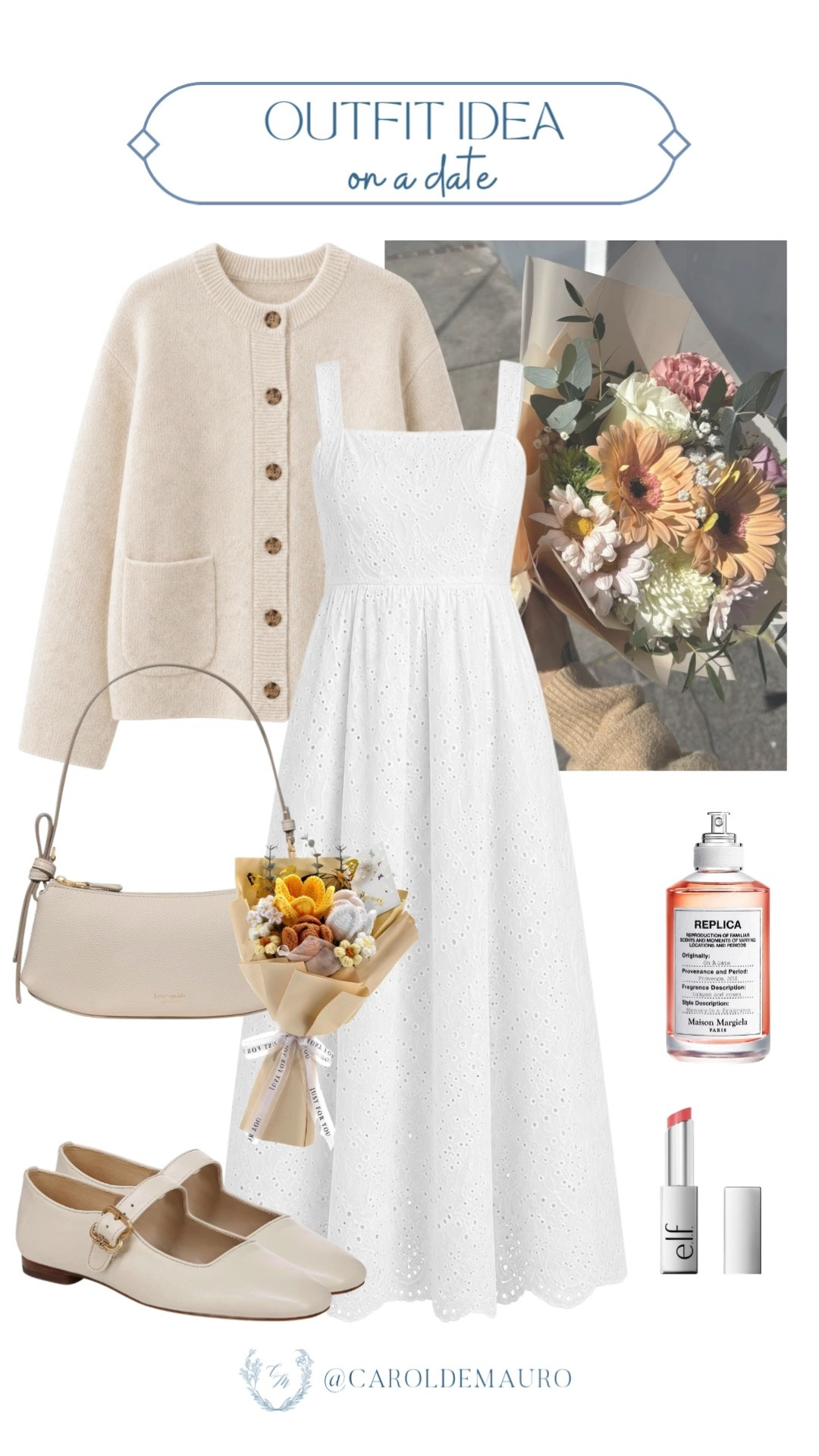 on a date, outfit idea, white dress, summer dress, midi dress, cozy cardigan, ballet flats, neutral handbag, creamy outfit, date outfit, maison margiela, replica

#LTKootd #LTKPetite #LTKU