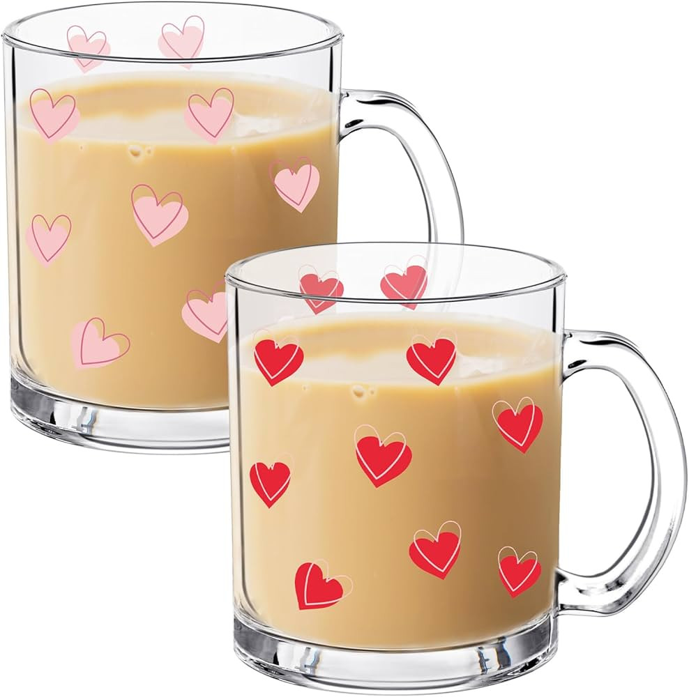 2PCS Valentine's Day Glass Cups with Handle Heart Mugs 12 OZ Hearts Glass Cups Gifts Couple Iced ... | Amazon (US)