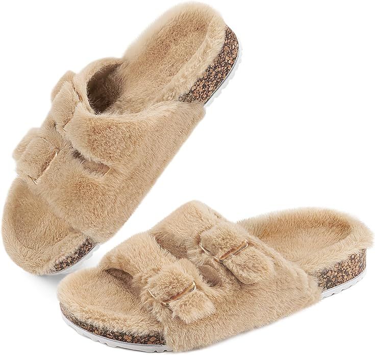 Parlovable Women's Slippers Fluffy Open Toe Fur House Shoes Arch Support Adjustable Straps Cork S... | Amazon (US)