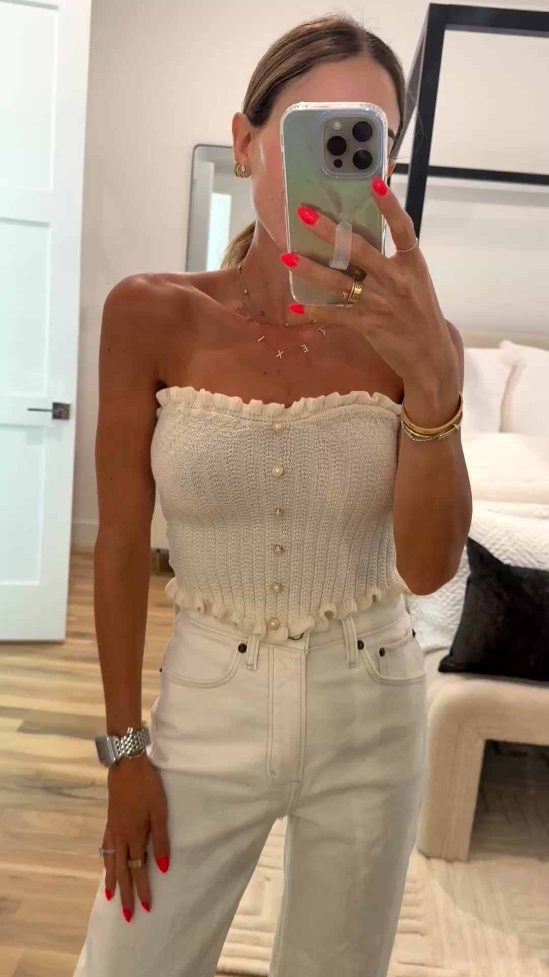 The cutest strapless top with pearl buttons for vacations with off white jeans 

#LTKPetite #LTKSpringSale