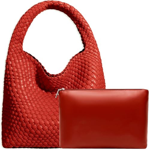 Damen-Handtasche aus veganem Leder, handgewebt, modische Schultertasche, Top-Griff, Unterarmtasche mit Geldbörse, Rot/Ausflug, einfarbig (Getaway Solids) | Amazon (DE)