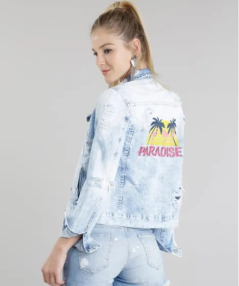 Jaqueta Jeans Destroyed em Algodão + Sustentável Azul Claro | C&A BR