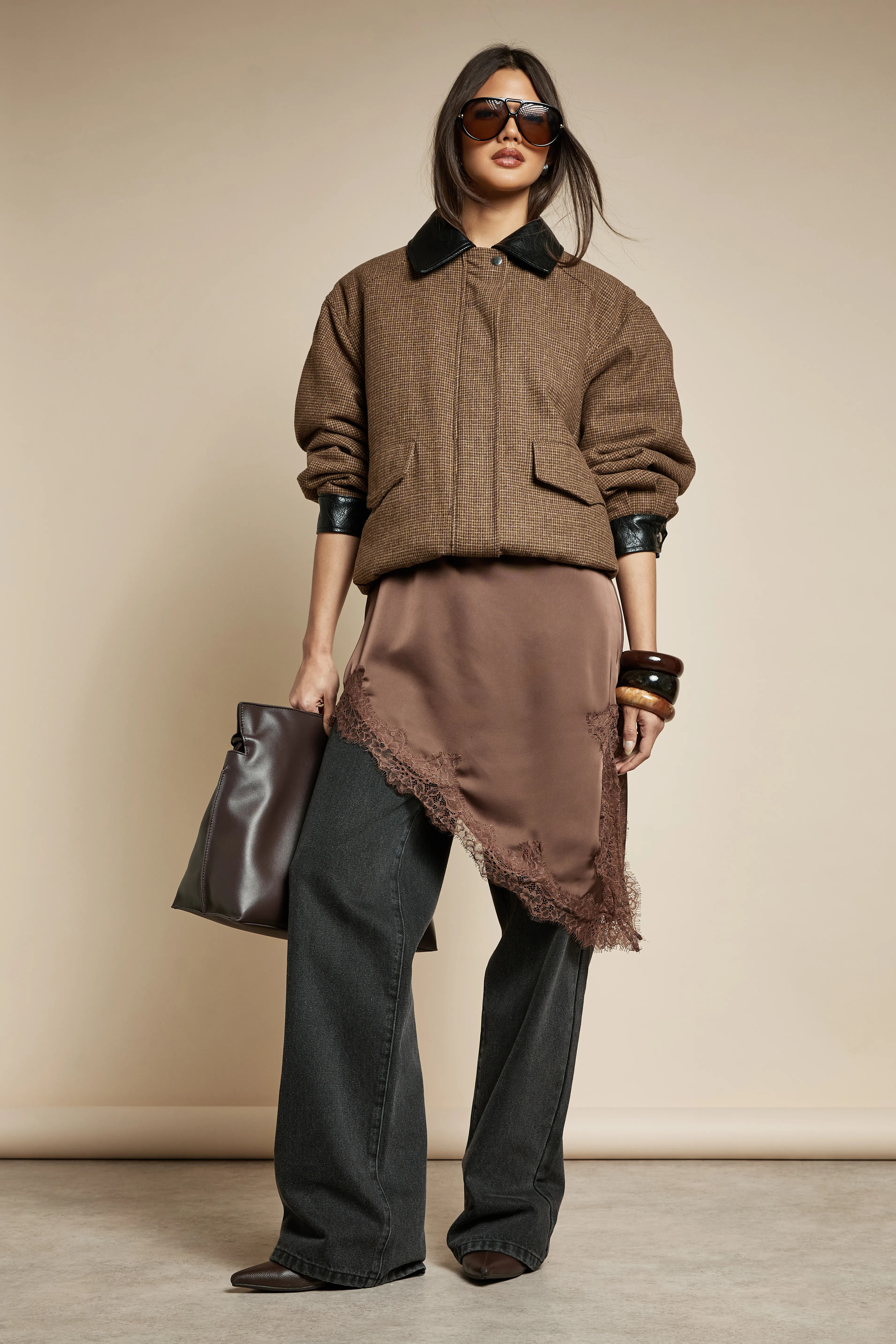 Oversized Check Wool Look Bomber Jacket | Boohoo.com (UK & IE)