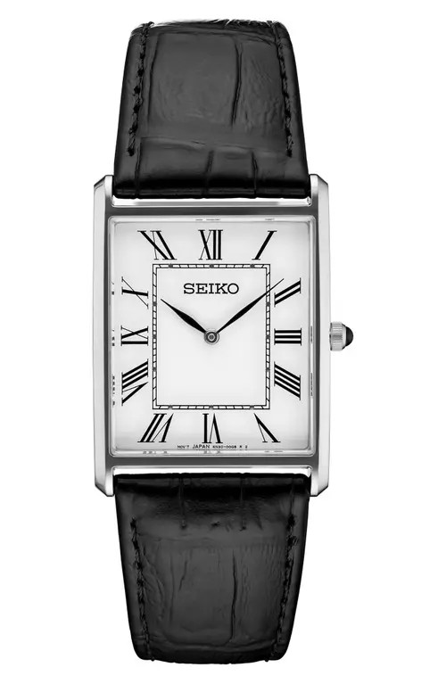 SEIKO WATCHES Essentials Tank Leather Strap Watch, 28.4mm x 36.5mm in White/silver at Nordstrom | Nordstrom