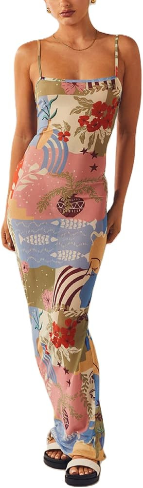 Women Floral Maxi Slip Dress Y2k Bodycon Backless Tank Long Dress Vintage Flower Printed Low Cut ... | Amazon (US)