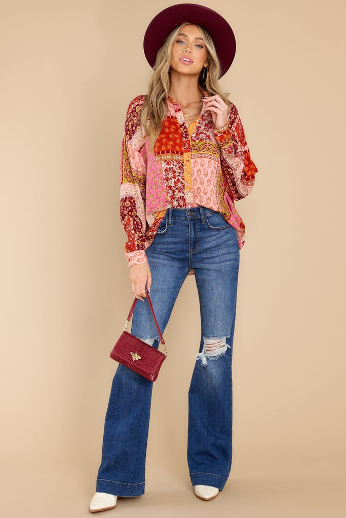 Escaping Reality Rust Multi Patchwork Print Top | Red Dress 