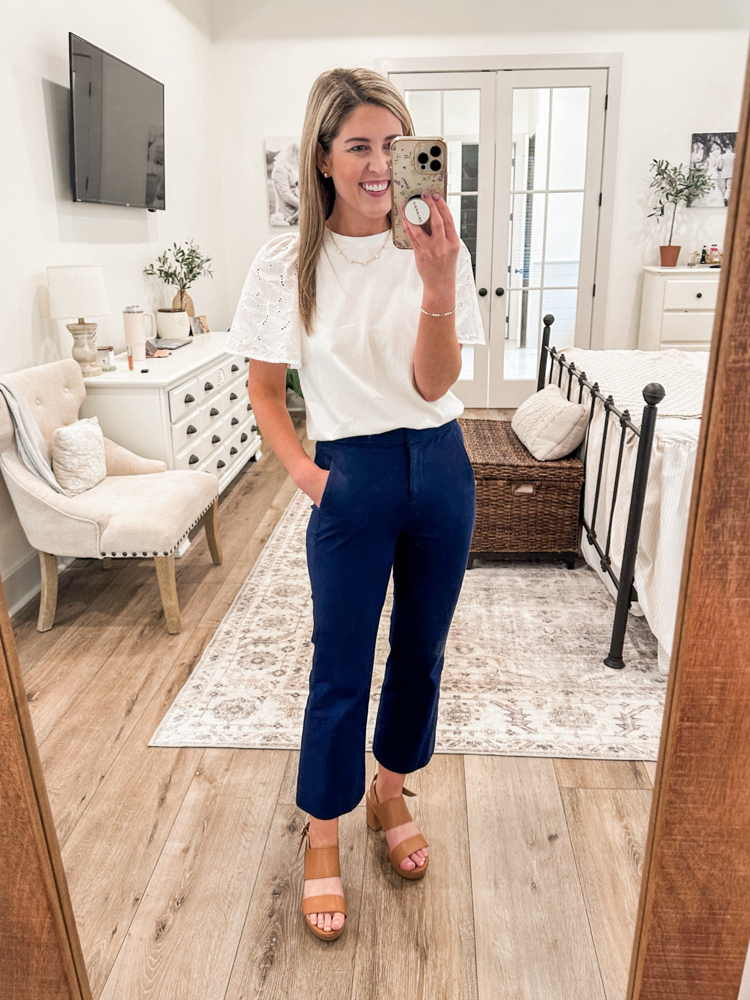 Wednesday work ootd

This eyelet sleeve top has been one of my favorites this spring! Runs tts, size xs, only $15

Pants- 00P (go up one size if you’re in between) this exact color is on clearance and they have another shade of navy available 

Platform heels- go down 1/2 size 
35% off, reg $135, on sale $87

Workwear, business casual, office outfit, smart casual, work pants, work outfits

#LTKworkwear #LTKshoecrush #LTKsalealert
