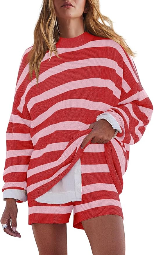 LAMISSCHE Womens Oversized Lounge Sets 2 Piece Outfits Striped Matching Pajama Set Long Sleeve Sw... | Amazon (US)