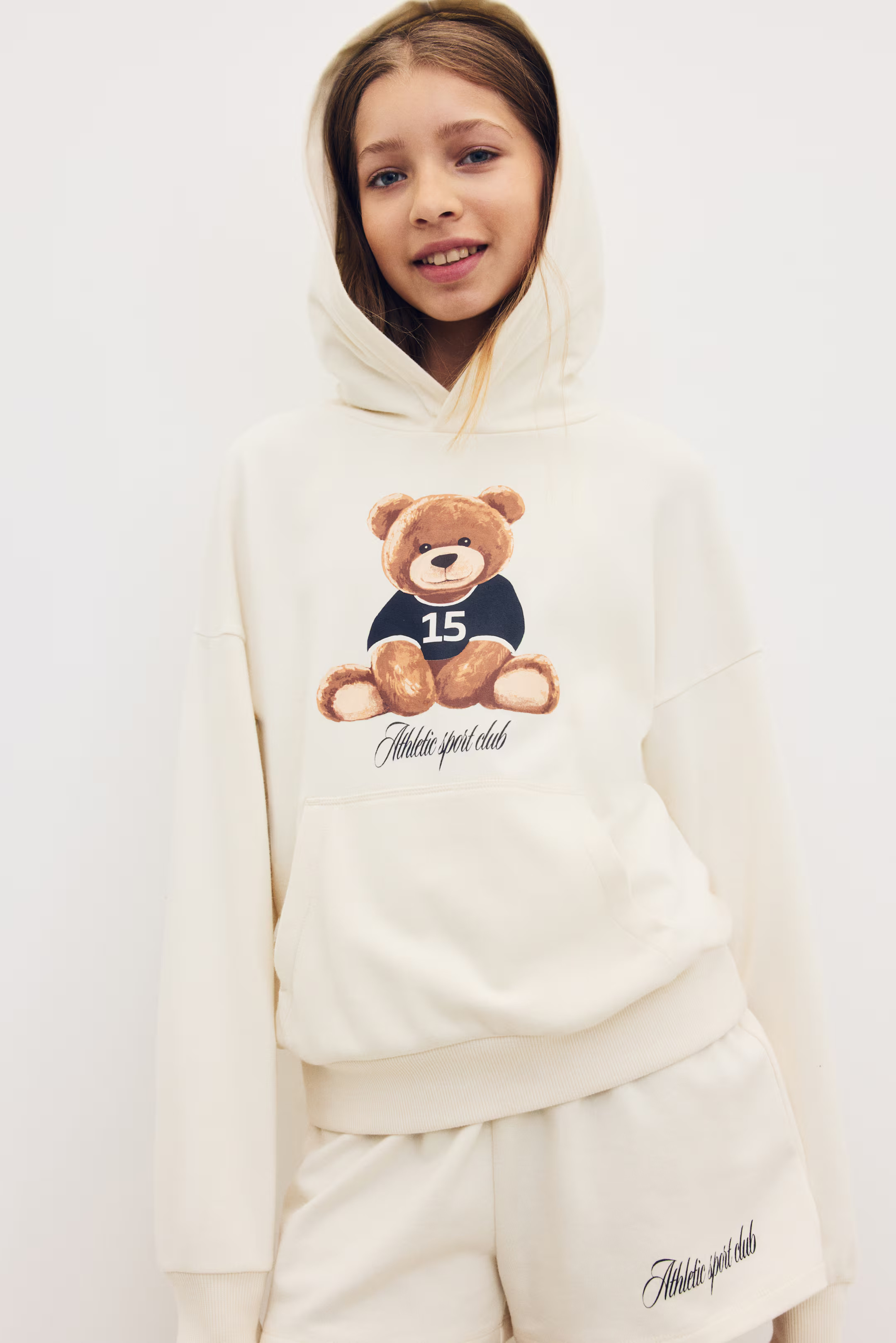 2-piece Brushed-Inside Hoodie and Shorts Set - White/teddy bear - Kids | H&M US | H&M (US + CA)