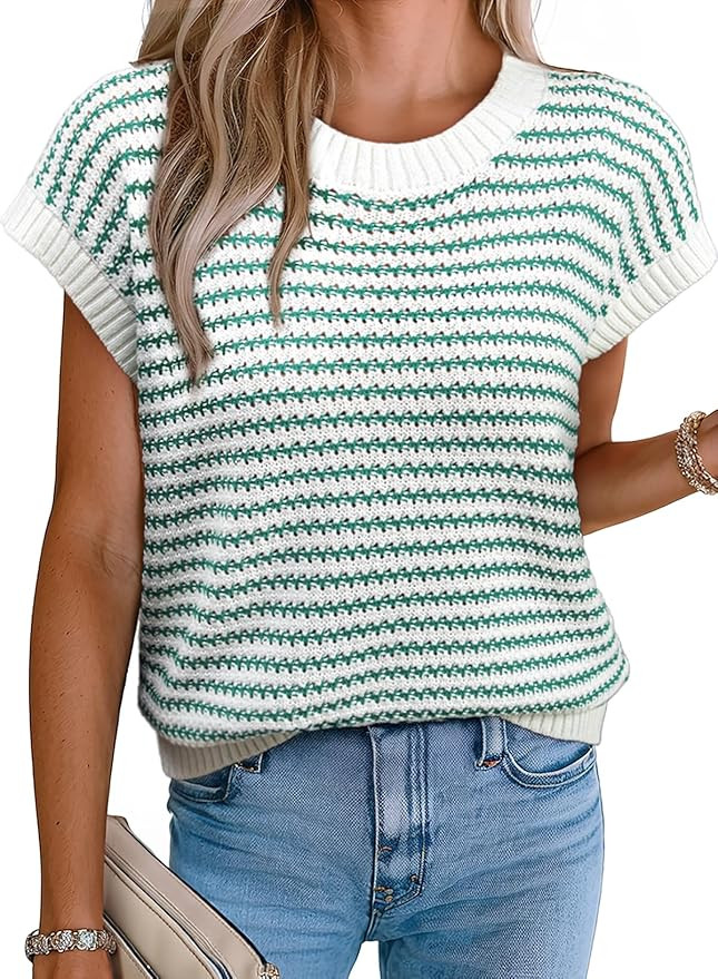 EVALESS Women's Sweater Vest Striped Pullover Tank Top Round Neck Cap Sleeve Lightweight 2025 Sum... | Amazon (US)