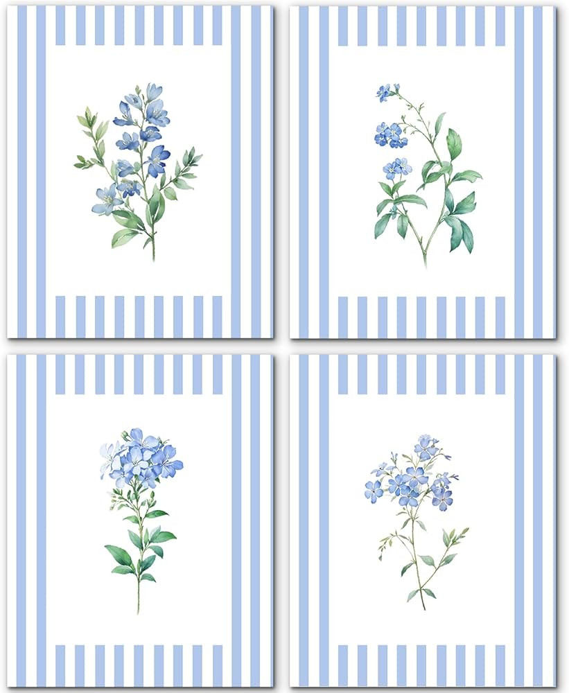 JINYO Vintage Blue and White Striped Floral Wall Art Prints Set of 4, Floral Wall Decor, Rustic C... | Amazon (US)