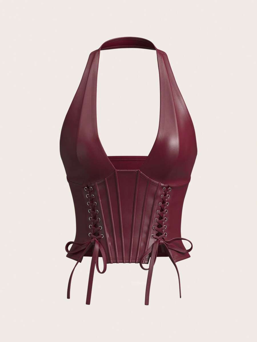 SHEIN ICON Women's Solid Color Simple Casual PU Leather Halter Neck Grommet Decor Tied Tank Y2K G... | SHEIN