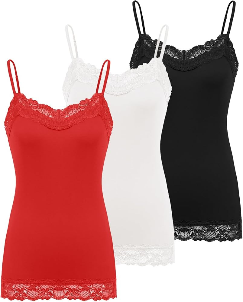 Kate Kasin Women's Adjustable Spaghetti Strap Lace Trim Cami Tunic Tank Top 3PACK | Amazon (US)