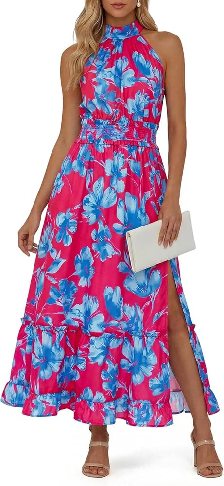 Wenrine Womens Summer Halter Neck Dress Maxi Floral Vacation Boho Sundresses Flowy Formal Travel ... | Amazon (US)