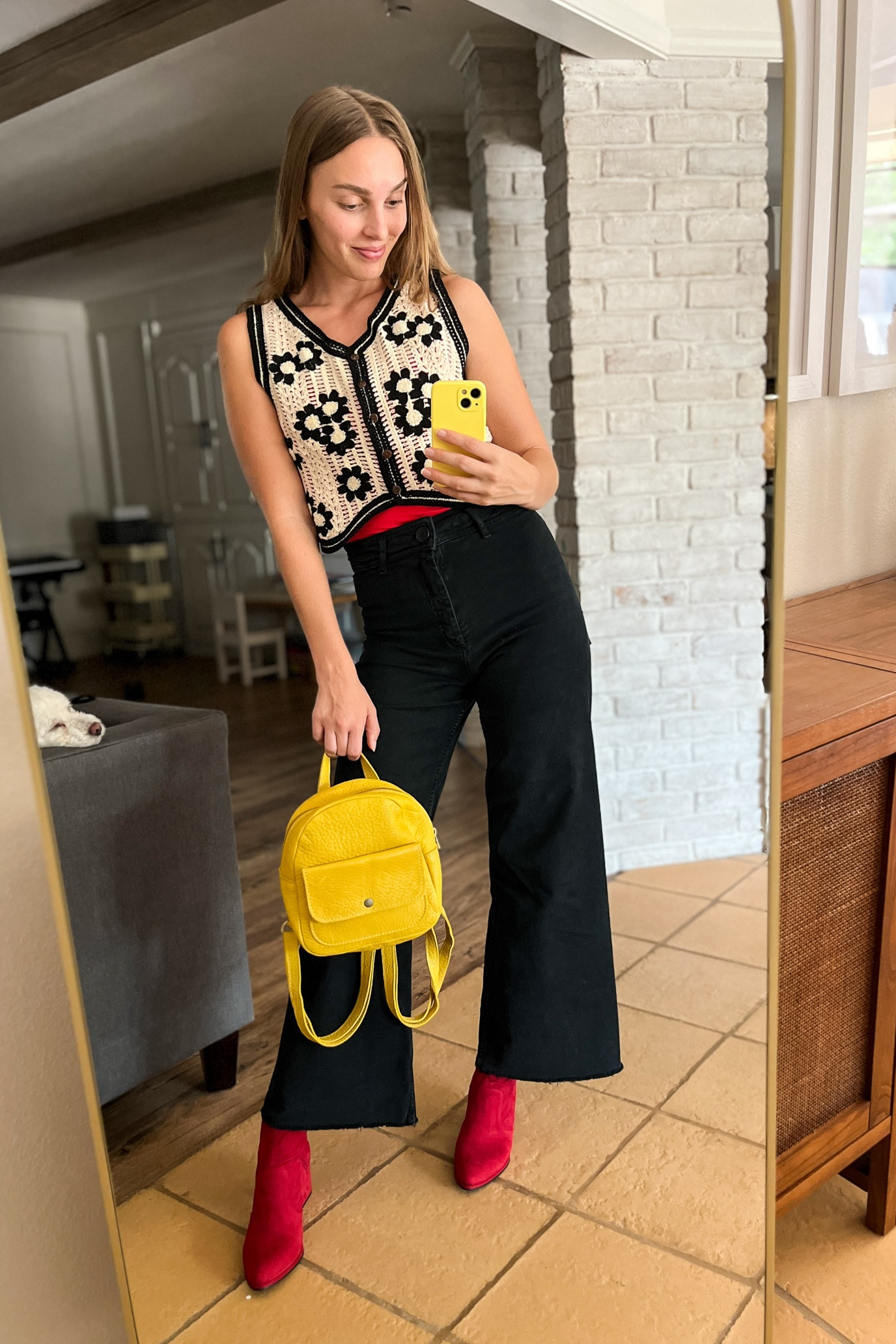 A little summer to fall transition outfit with fun pops of color ❤️💛

5’7” - 126 lbs wearing smalls in vest and red tank top (one of THE most comfy and flattering tanks ever!)

Cute everyday outfits for moms  

Jeans are Zara marine straight jean in size 4. 

#crochetvestoutfit #widelegjeansoutfits #zarajeans #leatherbackpack #redbootsoutfits #falloutfitideas

#LTKFallSale #LTKSeasonal #LTKStyleTip
