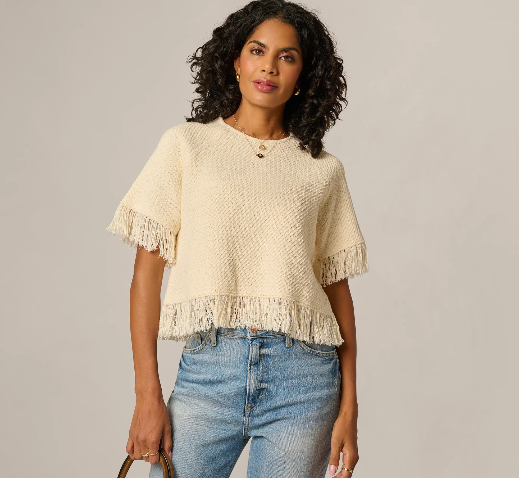 Short Sleeve Textured Knit Raglan Fringe Sweater In Cream | Adrianna Papell
