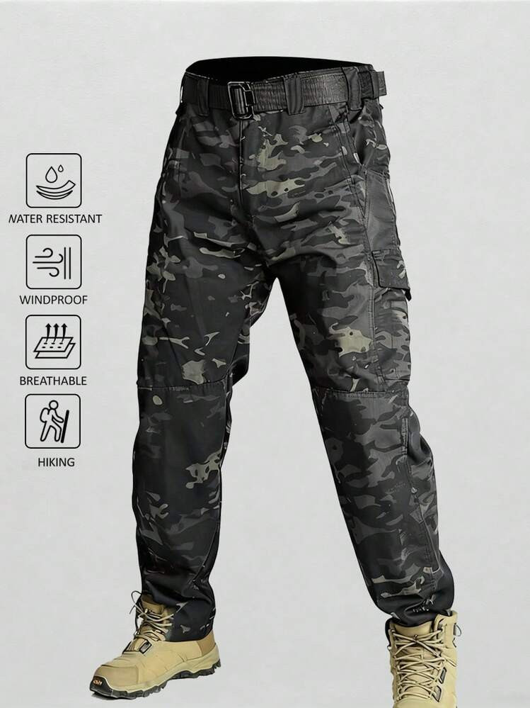 Men's Solid & Camo Print Pockets Zipper Waterproof Tactical Cargo Pants Without Belt, Regular Fit Sporty Pockets Durability Trousers For Fall, Wear-Resistant Outdoor Training Pant For Men | SHEIN