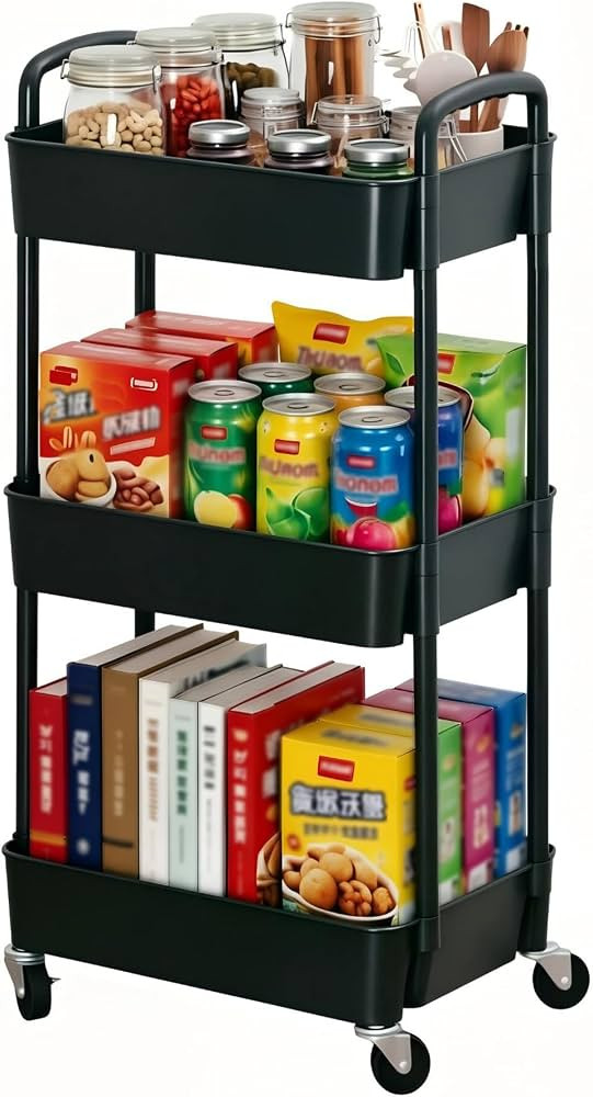 Sywhitta 3-Tier Plastic Rolling Utility Cart with Handle, Multi-Functional Storage Trolley for Of... | Amazon (US)