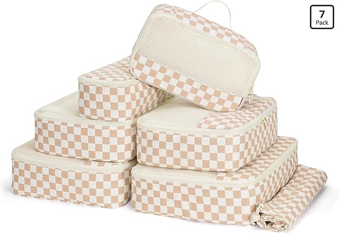 Narwey 7 Set Checkered Packing Cubes for Travel Carry on Suitcase Luggage Organizer Bags for Kids... | Amazon (US)