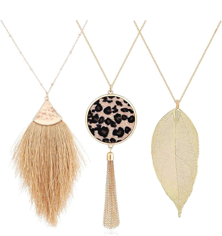 Long Necklace for Women Tassel Pendant Necklace Leaf Necklace Leopard Print Leather Y Shape Lariat S | Amazon (US)