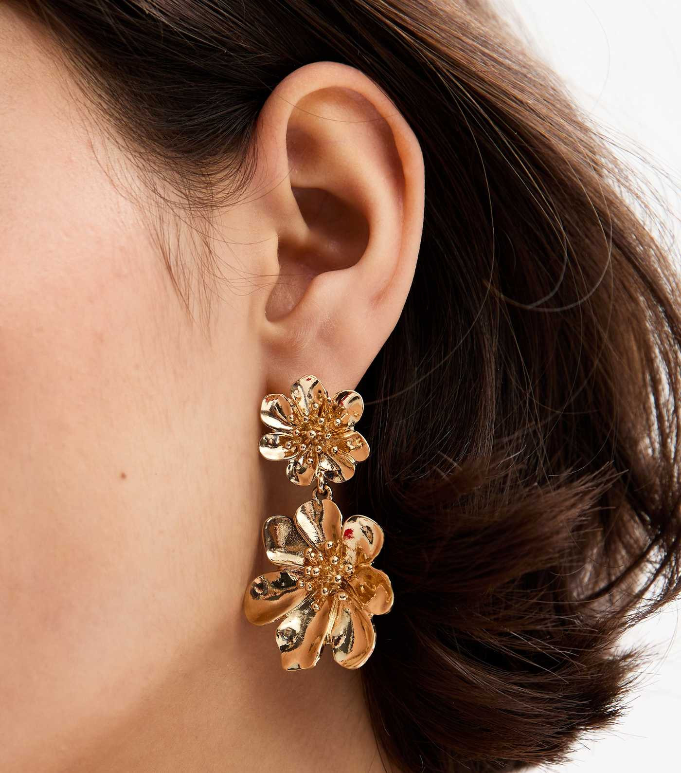 Gold Tone Two Flower Drop Stud Earrings | New Look | New Look (UK)