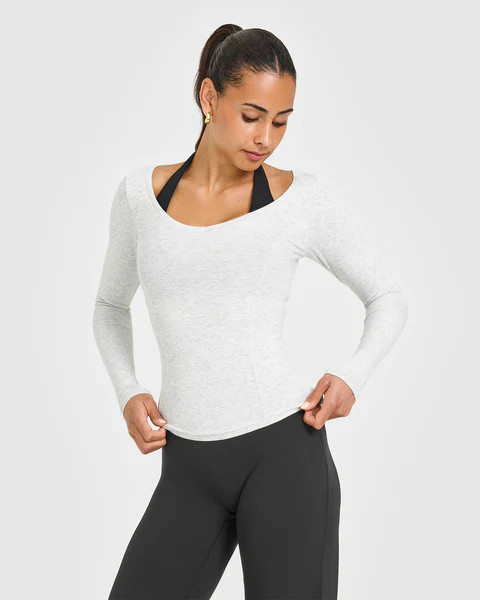 Mellow™ Rib V Neck Long Sleeve Top 
 Light Grey Marl | Oner Active (UK / US)