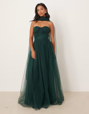 Lace & Beads Petite scarf neck corset tulle maxi dress in forest green | ASOS | ASOS (Global)