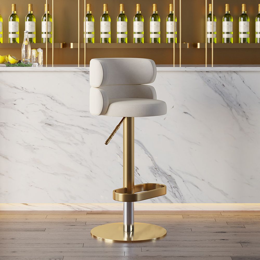 Swivel Bar Stool with Backrest Adjustable Height Beige Velvet Upholstery in Gold Finish-Homary | Homary