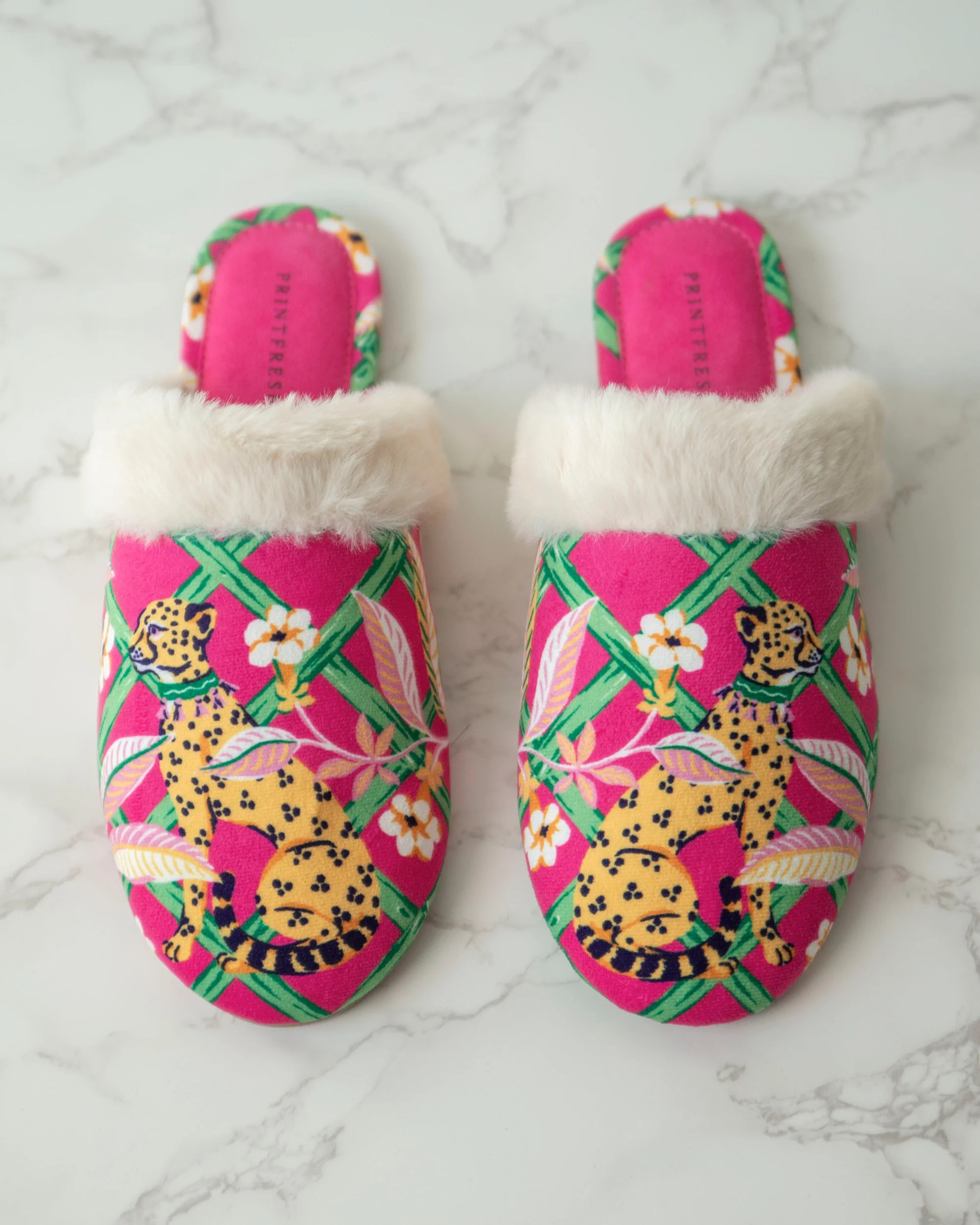 Royal Cheetah - Velvet Faux-Fur Slippers - Pink Palace | Printfresh