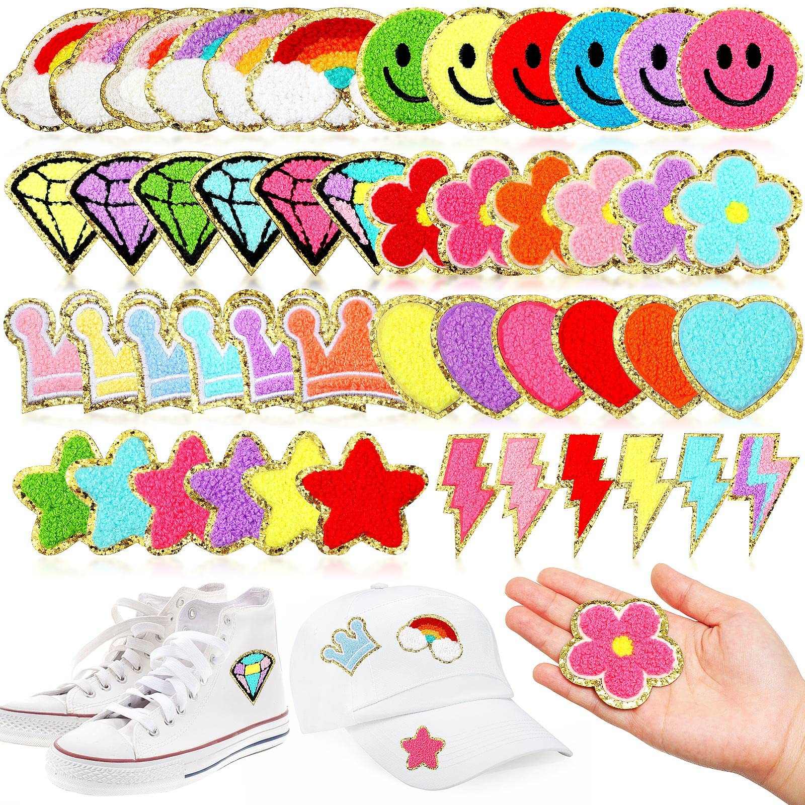 48 Pcs Iron on Patches Self Adhesive Chenille Patches for Backpacks Applique Patches Rainbow Hear... | Amazon (US)