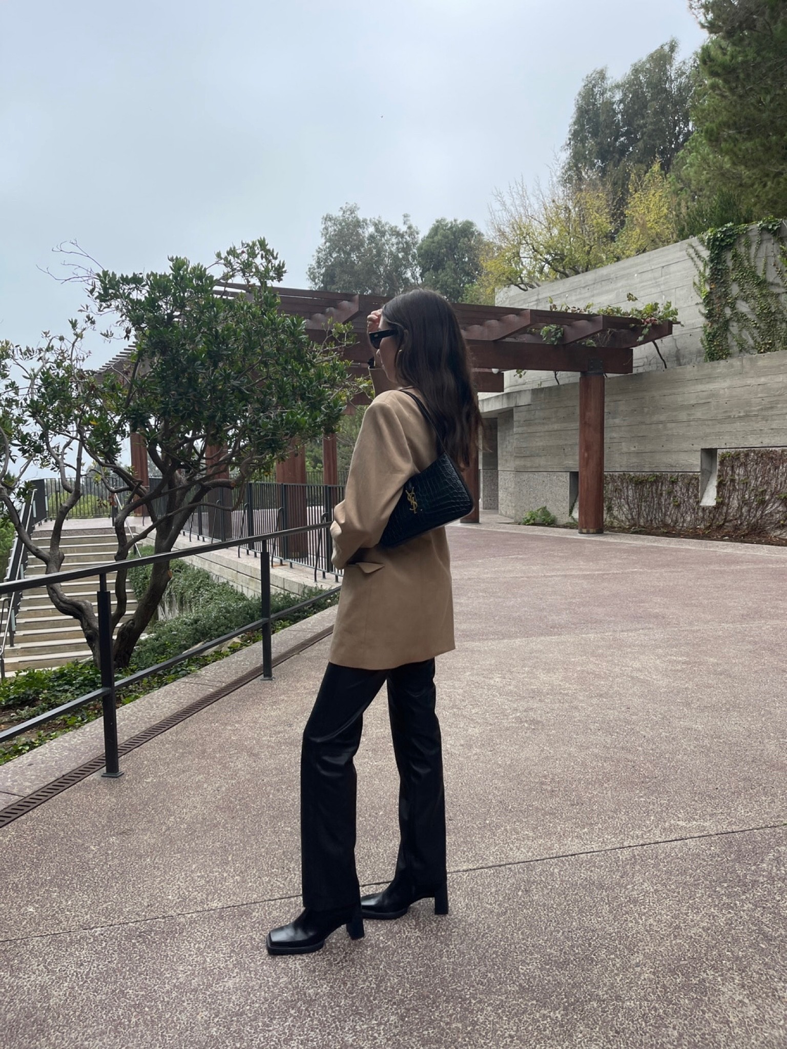 Fall outfit idea 🖤🖤 vegan leather trousers, beige blazer, YSL Le 5 a 7 bag, square toe boots, and gold hoops  

#LTKstyletip #LTKitbag #LTKSeasonal