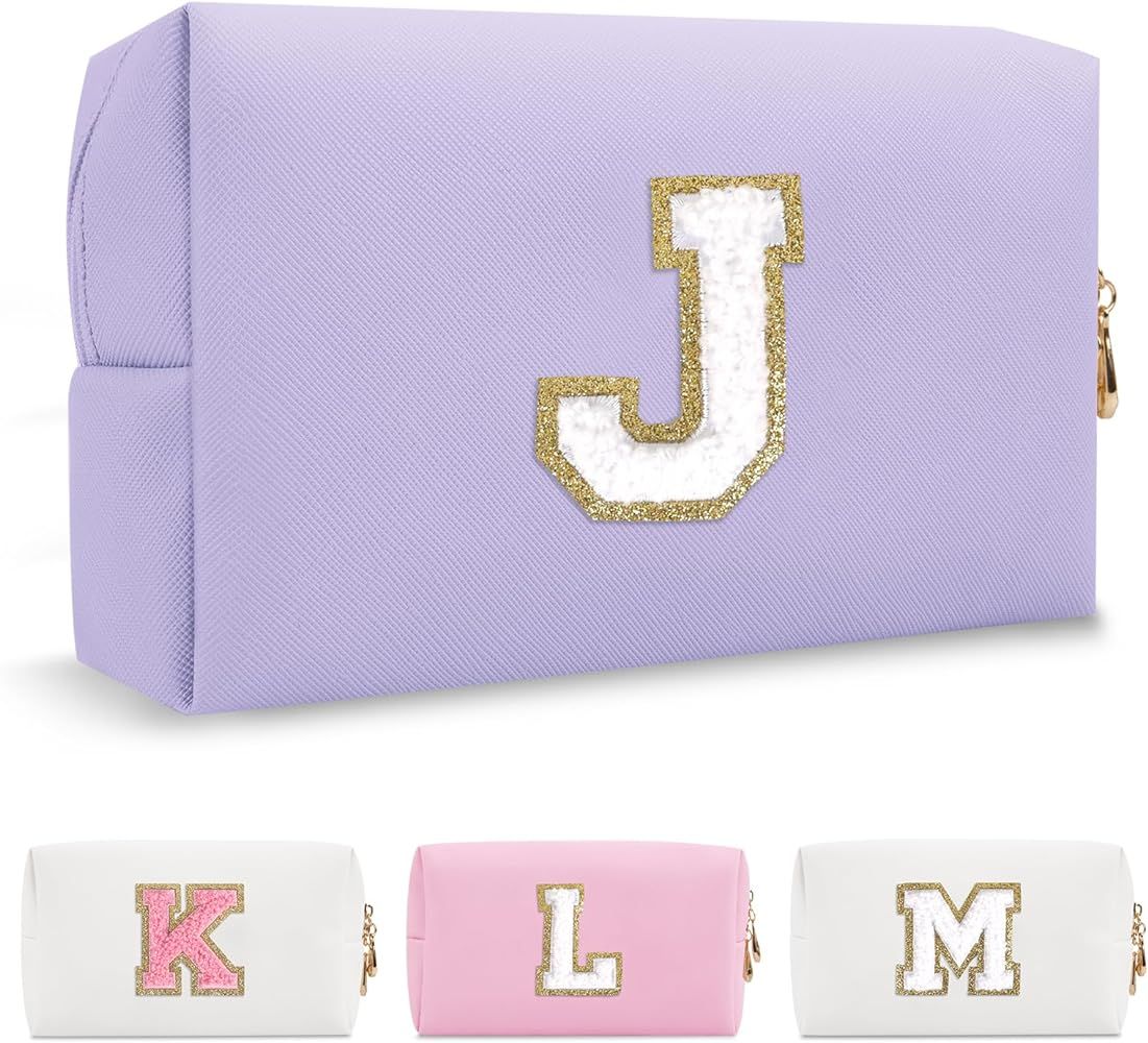 Personalized Makeup Bag Initial A-Z Preppy Patch Bag,Small PU Leather Travel Cosmetic Bag Pouch w... | Amazon (US)