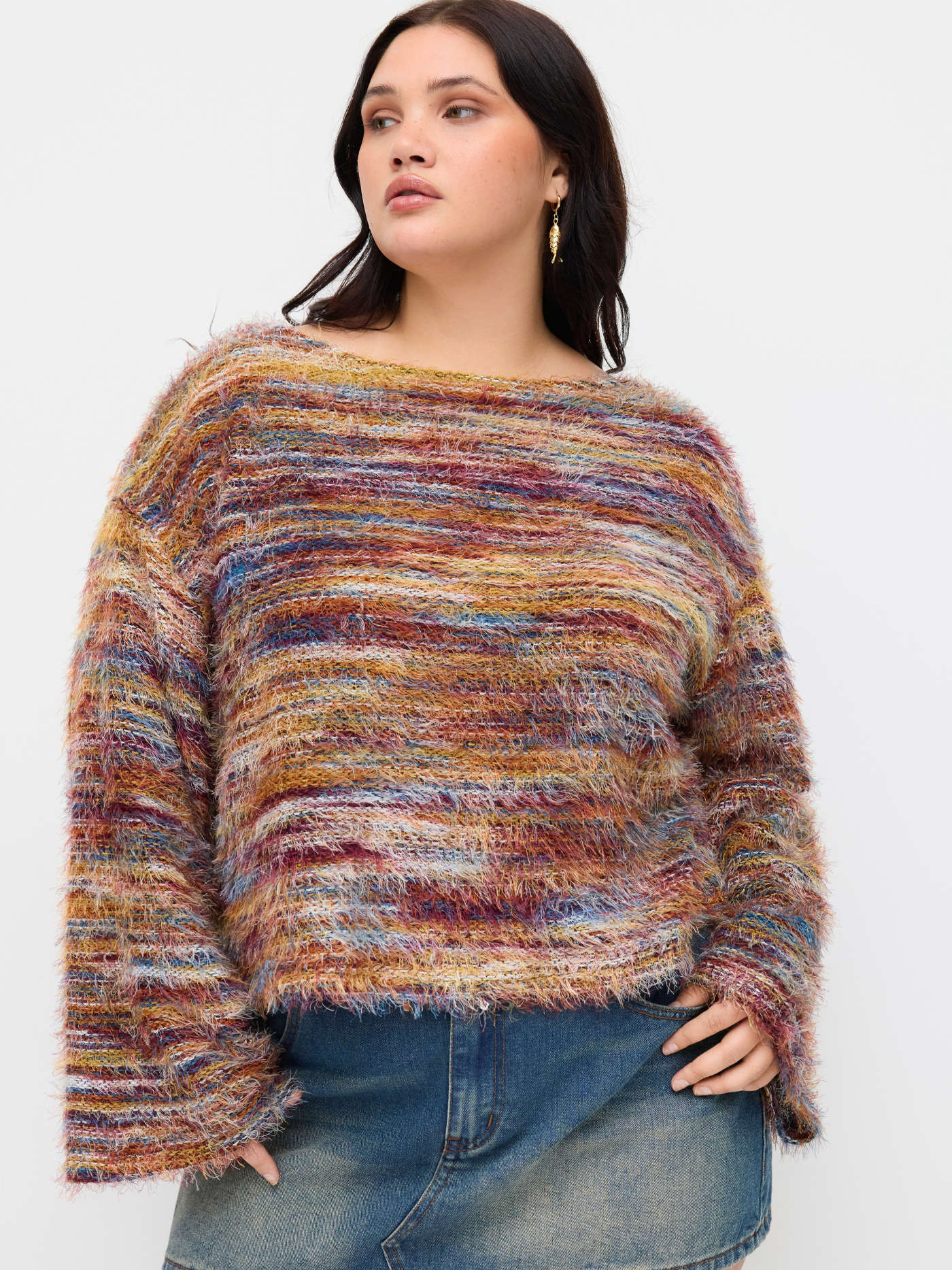 Knit Fabric Striped Boat Neck Bell Sleeve Top Curve & Plus For Vacation | Cider