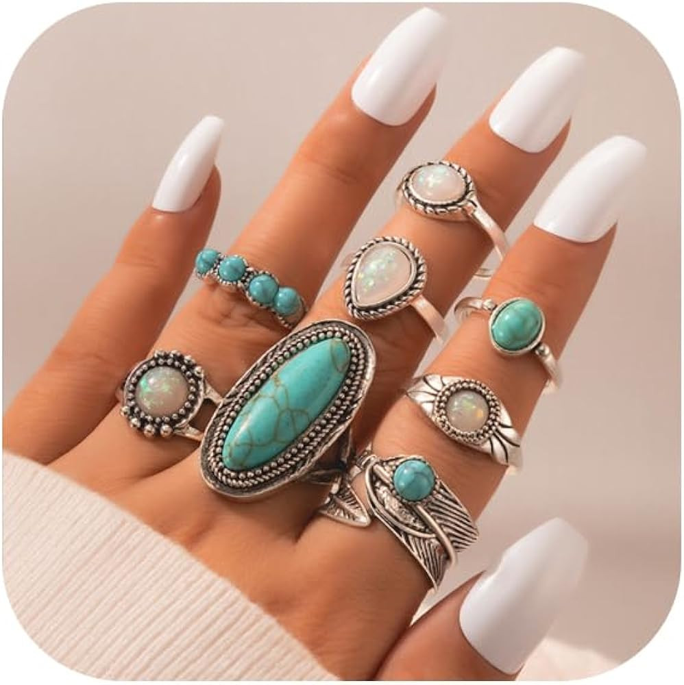 8 Pcs Bohemian Joint Knuckle Rings Set for Women,Vintage Oval Turquoise Finger Ring Opal Gemstone... | Amazon (US)