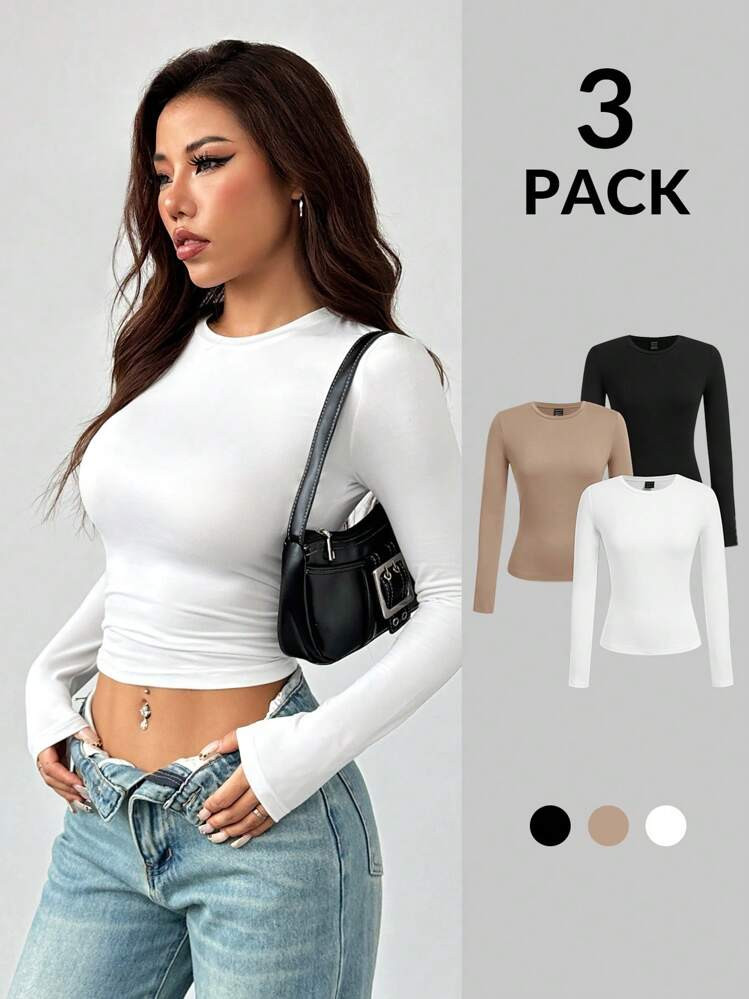 SHEIN PETITE Women's Three Pieces Round Neck Casual Tight-Fitting Solid Color Long-Sleeved T-Shirt Pullover Set Suitable For Spring, Autumn And Winter | SHEIN