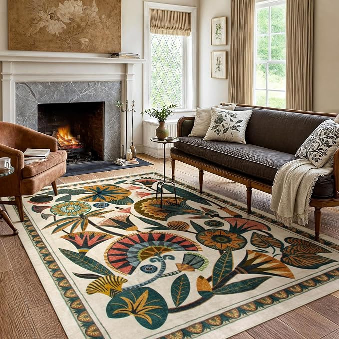 Egypt Floral Washable Area Rugs for Living Room 5x7 Boho Large Vintage Beige Bedroom Dining Room ... | Amazon (US)
