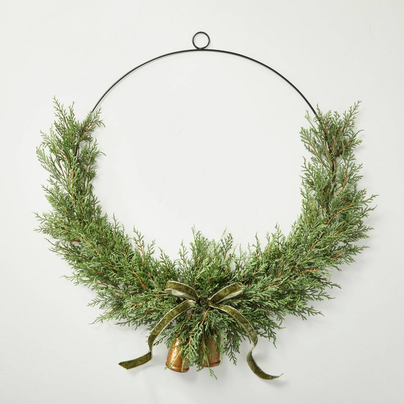 28&#34; Cedar Sprigs Seasonal Faux Wire Wreath Green - Hearth &#38; Hand&#8482; with Magnolia | Target