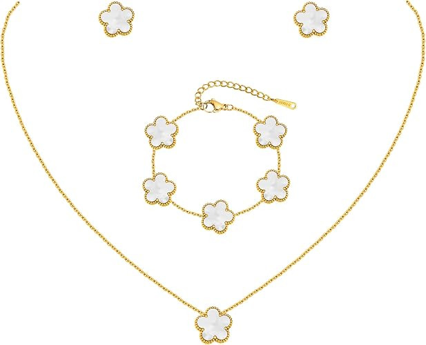 Gold Necklaces Bracelets Earring Set - 18K Gold Plated Flower Bracelet ,Stainless Steel Non Tarni... | Amazon (US)