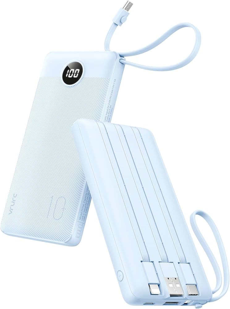 VRURC 10000mAh Power Bank Built-in Cables, Portable Charger with LED Display, Slim Travel Battery... | Amazon (US)