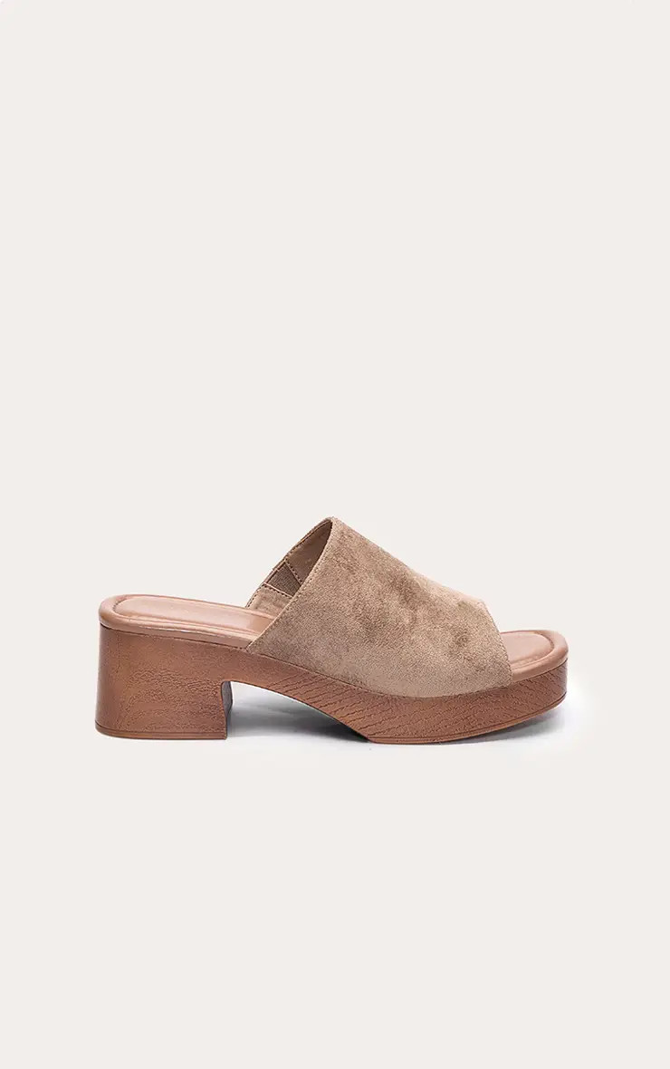 Taupe Faux Suede Wide Fit Block Heel Platform Mules | PrettyLittleThing UK