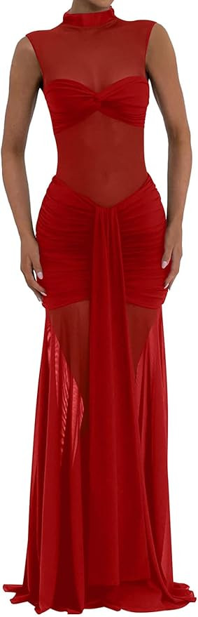 Memoriesea Women's Elegant Mesh Sheer Sleeveless Bodycon Wedding Formal Maxi Dress | Amazon (US)