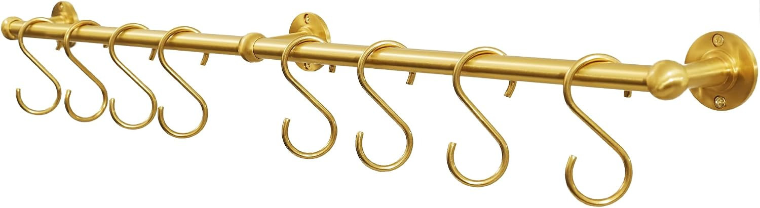 SRYBLT 31.0 Inch Brass Pot Rack with Hooks,Wall Kitchen Mounted Organizer,Segmented RailHanging Rack for Kitchen Wall Rail with Hooks | Amazon (US)
