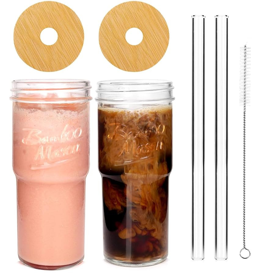 ANOTION Glass Cups with Lids and Straws 2 Packs, 24oz Travel Coffee Mug Wide Mouth Bamboo Mason J... | Amazon (US)