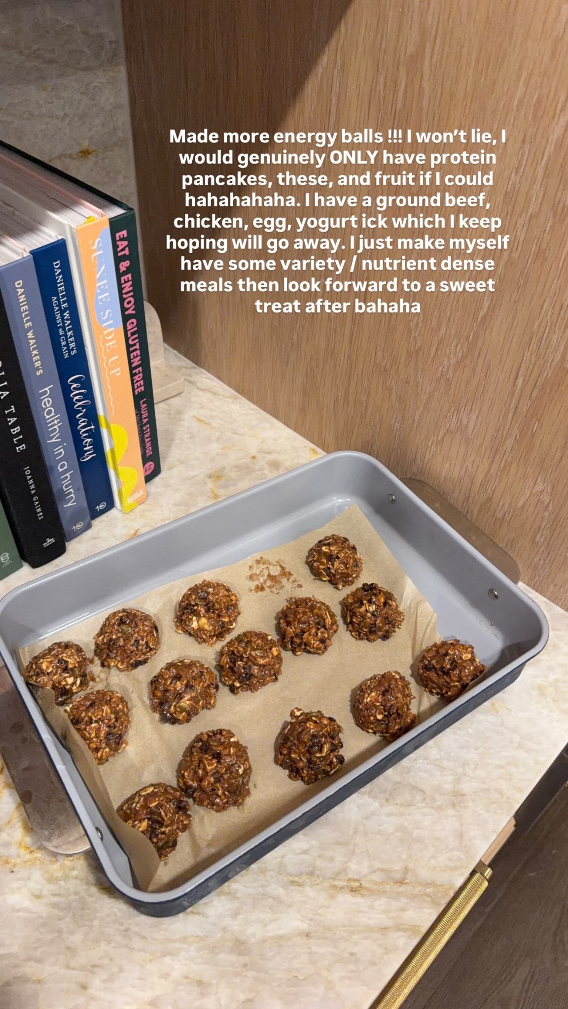 Made more energy balls !!! I won’t lie, I would genuinely ONLY have protein pancakes, these, and fruit if I could hahahahaha. I have a ground beef, chicken, egg, yogurt ick which I keep hoping will go away. I just make myself have some variety / nutrient dense meals then look forward to a sweet treat after bahaha

#LTKHome #LTKfoodie #LTKdayinmylife